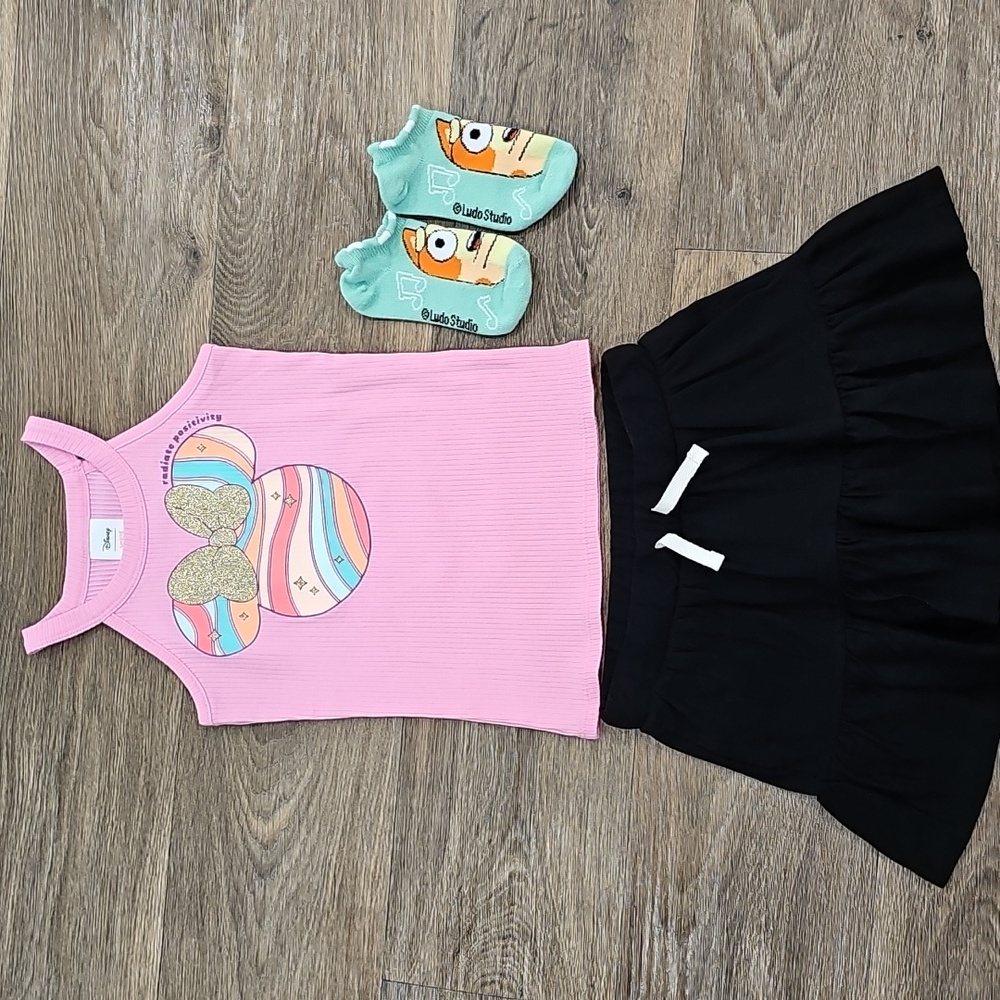Disney Minnie Mouse Top With Black Cat & Jack Skort And Bluey Socks